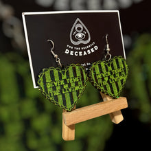 Load image into Gallery viewer, striped beetlejuice heart earrings