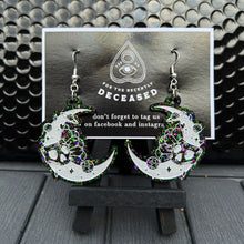 Load image into Gallery viewer, floral skull crescent moon earrings