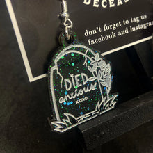 Load image into Gallery viewer, 'died anxious' gravestone earrings