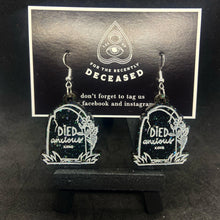 Load image into Gallery viewer, 'died anxious' gravestone earrings