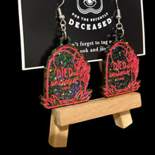 Load image into Gallery viewer, 'died anxious' gravestone earrings
