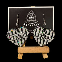 Load image into Gallery viewer, striped beetlejuice heart earrings
