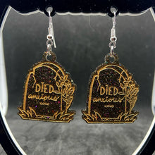 Load image into Gallery viewer, 'died anxious' gravestone earrings
